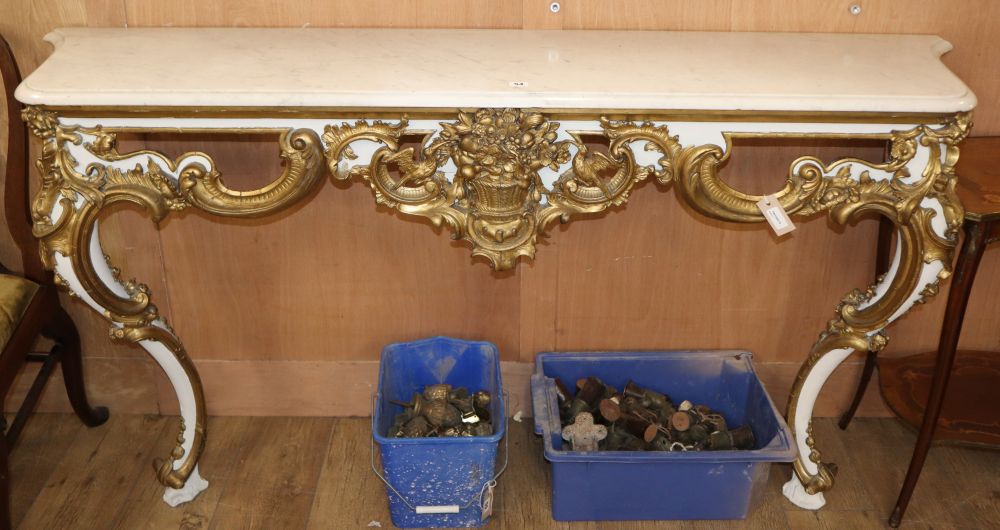 An ornate white marble and ormolu-mounted console table, with cabriole legs, W.176cm D.42cm H.92cm